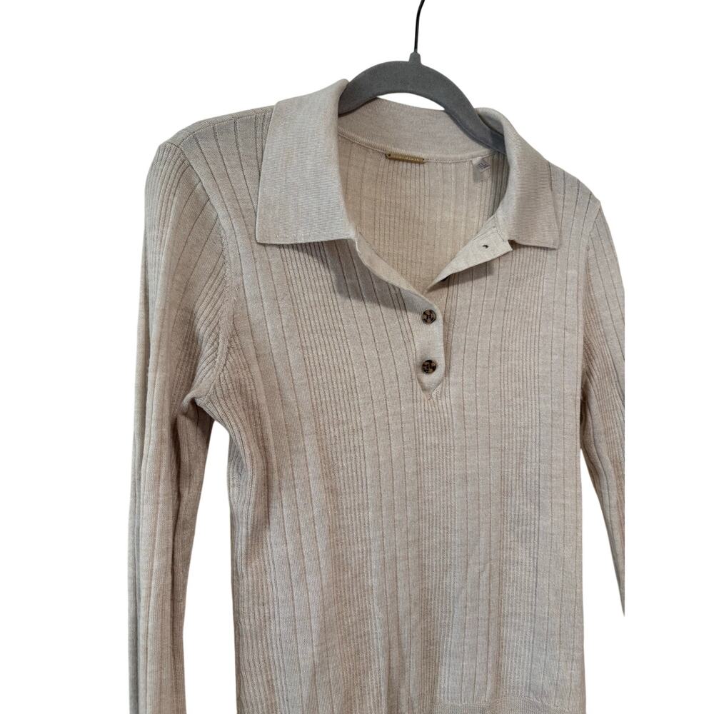 Elie Tahari Women’s Ribbed Knit Collared Polo Sweater Beige Long Sleeve Stretch - Picture 3 of 9